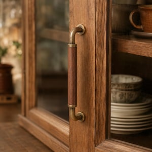 Puede incluir: Un tirador de armario con una empuñadura cilíndrica de madera marrón oscuro centrada entre dos soportes metálicos curvos de latón antiguo. El tirador está fijado verticalmente al marco de una puerta de armario de madera con un panel de cristal.