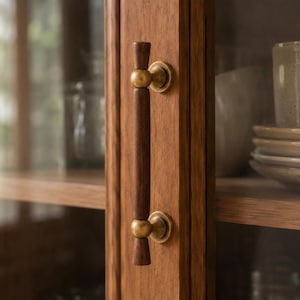 Puede incluir: Un tirador de armario vertical con una empuñadura cilíndrica de madera marrón oscura, acentuada por dos bases de montaje circulares de latón cepillado, fijado a un marco de puerta de madera con veta visible y panel de vidrio.