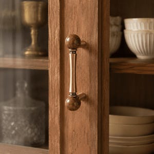 French Antique Cabinet Pulls with Walnut Ball Ends, Brass Copper Drawer Handles, Vintage Furniture Hardware