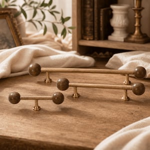 Antique Brass Walnut Drawer Pull, Vintage Cabinet Handle with Round Wood Ends, Furniture Door Hardware