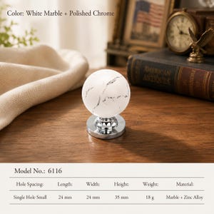 White Marble Look Cabinet Knob and Drawer Pull, Chrome Furniture Handle, Round Knob, Drop Pull, Bar Pull for Dresser Cabinet Door Decor
