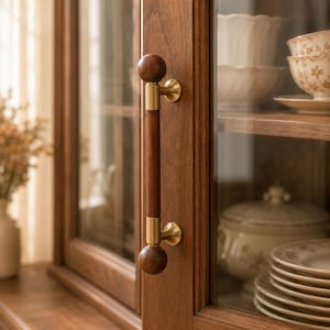 Handtag i valnötsträ, böjt lådhandtag i mässing, knoppar i mid-century-stil