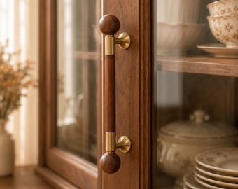 Walnut Wood Ball Cabinet Pull Handle, Brass Tone Curved Drawer Pull, Mid Century Dresser Knob Hardware