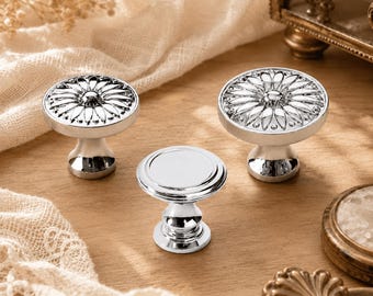 Chrome Copper Cabinet Knob, Single Hole Drawer Pull, Decorative Round Dresser Handle for Furniture Makeover