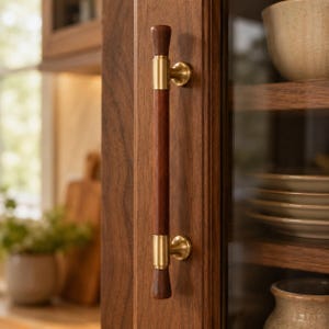 Peut inclure: Une poignée de placard verticale composée d'une longue prise cylindrique en bois brun foncé, agrémentée de deux supports en laiton brossé et d'embouts fuselés en bois assortis, fixée sur un cadre de porte de placard en bois foncé.