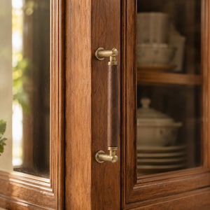 Puede incluir: Un tirador de armario con una empuñadura cilíndrica de madera marrón oscuro montada sobre dos soportes de metal de latón cepillado. El tirador está fijado verticalmente a un marco de puerta de armario de madera con veta visible y panel de cristal.