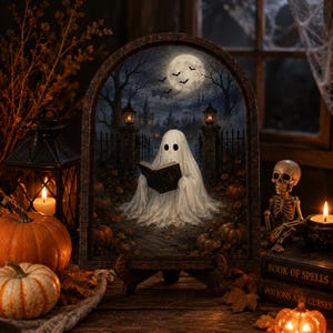 Peut inclure: Une plaque décorative arquée représentant un fantôme blanc lisant un livre dans un cimetière au clair de lune avec un château, des chauves-souris et des grilles en fer. L'ensemble est entouré de citrouilles orange et d'un squelette.
