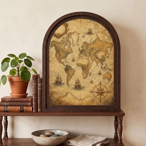 May include: An arched wooden frame containing a vintage-style world map with sepia tones, featuring illustrations of sailing ships and a compass rose. The map displays continents in a weathered parchment aesthetic with detailed coastlines and borders.