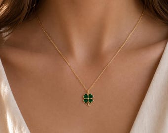 Green Clover Necklace, Four Leaf Clover Pendant, Dainty Gold Necklace, Good Luck Jewelry, Gift for Her, Christmas Gift