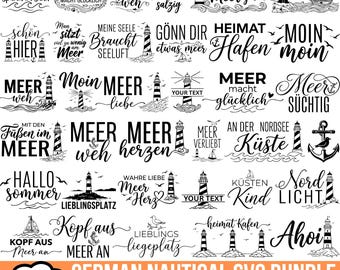 Könnte beinhalten: Eine Sammlung von 40 schwarz-weißen digitalen Designs mit nautischen Motiven wie Leuchttürmen, Segelbooten, Ankern und Wellen, kombiniert mit deutschen Sprüchen wie 'Meer macht glücklich', 'Moin moin' und 'Ahoi' für kreative Projekte.