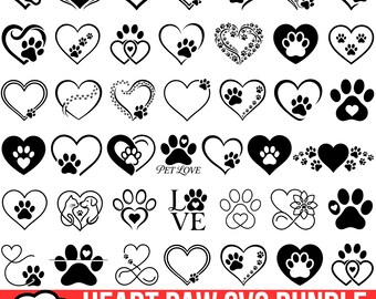 Könnte beinhalten: Eine Sammlung von 40 schwarz-weißen digitalen Grafikdesigns mit verschiedenen Herz- und Tierpfotenmotiven, einschließlich des Textes 40 HEART PAW SVG BUNDLE SVG-PNG-JPG-EPS-DXF und PET LOVE, dargestellt in einem Rasterlayout.