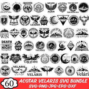 May include: A collection of 60 black and white circular and geometric graphic designs featuring fantasy themes like dragons, mountains, moons, swords, and books. The text includes phrases such as Velaris, Basgiath War College, and Suriel Tea Co.
