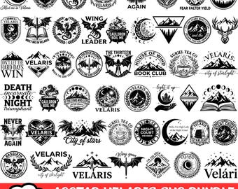 Könnte beinhalten: Eine Sammlung von 60 schwarz-weißen kreisförmigen und geometrischen Grafikdesigns mit Fantasiethemen wie Drachen, Bergen, Monden, Schwertern und Büchern. Der Text enthält Begriffe wie Velaris, Basgiath War College und Suriel Tea Co.