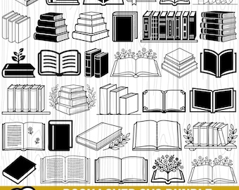 Könnte beinhalten: Eine Sammlung von fünfunddreißig schwarz-weißen Vektorillustrationen mit verschiedenen Büchern, Bücherstapeln, offenen Büchern und Büchern mit floralen Elementen, angeordnet in einem Raster mit dem Text BOOK LOVER SVG BUNDLE unten.