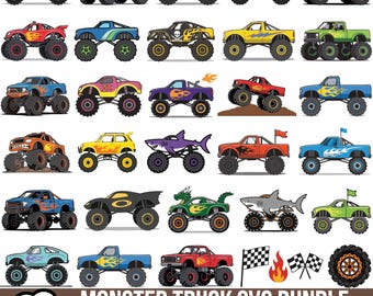 Könnte beinhalten: Eine digitale Sammlung von 30 Monstertruck-Illustrationen mit verschiedenen Farben, Flammendekoren und Tiermotiven. Das Set enthält einzelne Trucks, eine Zielflagge, ein Flammensymbol und eine einzelne große Reifen-Grafik.