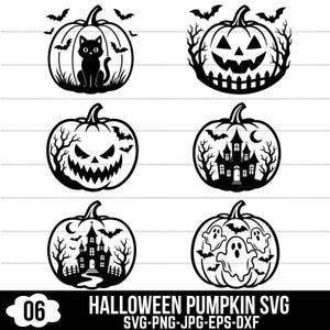 May include: A set of six black and white digital illustrations featuring Halloween pumpkin designs. The graphics include a cat, a jack-o'-lantern, a haunted house, and ghosts, all accented with bats, bare trees, and fences. Text reads 06 HALLOWEEN PUMPKIN SVG.