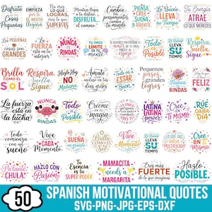 Puede incluir: Una colección de 50 frases motivacionales en español presentadas como diseños gráficos digitales. Cada frase cuenta con una tipografía única, elementos decorativos como corazones, estrellas y flores, y paletas de colores vibrantes.