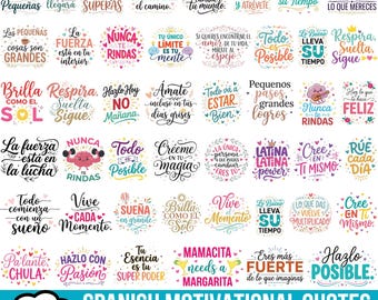 Könnte beinhalten: Eine Sammlung von 50 spanischen Motivationszitaten, die als digitale Grafikdesigns präsentiert werden. Jedes Zitat zeichnet sich durch eine einzigartige Typografie, dekorative Elemente wie Herzen, Sterne und Blumen sowie lebendige Farbpaletten aus.