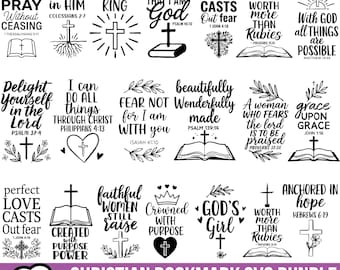 Könnte beinhalten: Eine Sammlung von 25 schwarz-weißen digitalen Designs mit christlichen Zitaten, Bibelversen und religiösen Symbolen wie Kreuzen, aufgeschlagenen Büchern, Herzen und Kronen, die in einem Raster für Lesezeichen oder Grafiken angeordnet sind.