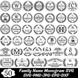 Peut inclure: Collection de 50 monogrammes de noms de famille en noir et blanc. Chaque motif présente un nom de famille ou une initiale dans un cadre circulaire ou en forme de couronne, pour divers projets créatifs.