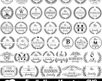 Könnte beinhalten: Eine Sammlung von 50 Familiennamen-Monogramm-Designs in Schwarz und Weiß. Jedes Design zeigt einen Familiennamen oder Initialen in einem kreisförmigen oder kranzartigen Rahmen, geeignet für Bastelprojekte.
