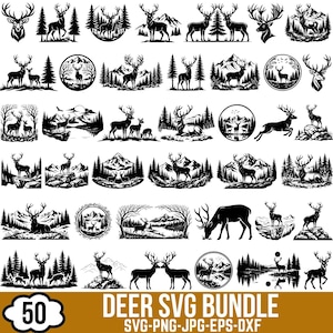 May include: A collection of 50 black and white digital illustrations featuring deer in various natural settings, including forests, mountains, and circular frames. The text at the bottom reads 50 DEER SVG BUNDLE SVG-PNG-JPG-EPS-DXF.