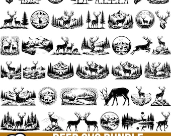 Könnte beinhalten: Eine Sammlung von 50 schwarz-weißen digitalen Illustrationen mit Hirschen in verschiedenen natürlichen Umgebungen, darunter Wälder, Berge und kreisförmige Rahmen. Der Text unten lautet 50 DEER SVG BUNDLE SVG-PNG-JPG-EPS-DXF.