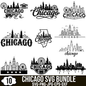 Puede incluir: Una colección de diez diseños gráficos digitales en blanco y negro que presentan el horizonte de Chicago, una noria y la palabra Chicago en varias fuentes y estilos, incluyendo siluetas, arte lineal y un mapa del estado de Illinois.