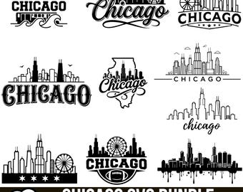 Könnte beinhalten: Eine Sammlung von zehn schwarz-weißen digitalen Grafikdesigns mit der Skyline von Chicago, einem Riesenrad und dem Wort Chicago in verschiedenen Schriftarten und Stilen, einschließlich Silhouetten, Strichzeichnungen und einer Karte von Illinois.
