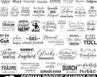 May include: A collection of 50 black and white digital graphic designs featuring various German positive sayings and motivational quotes in diverse typography styles, including script and bold fonts, suitable for crafting and printing projects.