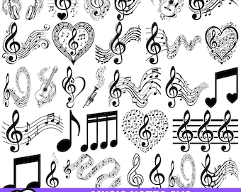 Könnte beinhalten: Eine Sammlung von dreißig schwarz-weißen digitalen Illustrationen mit musikalischen Elementen wie Violinschlüsseln, Notenlinien, Noten, Gitarren, einer Trompete und Kopfhörern, wobei einige Designs in Herzformen und fließenden Mustern angeordnet sind.
