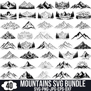 May include: A collection of 40 black and white mountain illustrations featuring various peaks, pine trees, cabins, and sunbursts. The graphic set includes diverse landscape designs with sharp lines and detailed shading, labeled as a Mountains SVG Bundle.