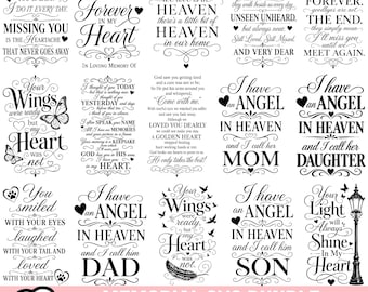 Könnte beinhalten: Eine Sammlung von 31 schwarz-weißen digitalen Grafikdesigns mit Gedenksprüchen, dekorativen Schnörkeln, Schmetterlingen, Federn und Pfotenabdrücken. Der Text enthält Phrasen wie 'Always on my mind' und 'I have an angel in heaven'.