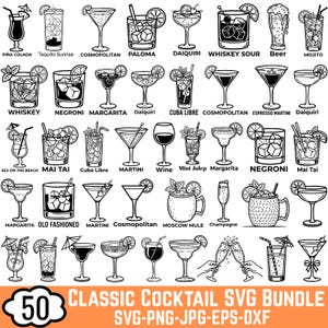 Puede incluir: Una colección de 50 ilustraciones en blanco y negro de varios cócteles y bebidas, incluyendo Piña Colada, Tequila Sunrise, Cosmopolitan, Paloma, Daiquiri, Whiskey Sour, Beer, Mojito, Whiskey, Negroni, Margarita, Cuba Libre, Espresso Martini, Sex on the Beach, Mai Tai, Martini, Wine, Mint Julep, Old Fashioned, Moscow Mule y Champagne.