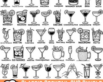 Könnte beinhalten: Eine Sammlung von 50 schwarz-weißen Strichzeichnungen verschiedener Cocktails und Getränke, darunter Piña Colada, Tequila Sunrise, Cosmopolitan, Paloma, Daiquiri, Whiskey Sour, Beer, Mojito, Whiskey, Negroni, Margarita, Cuba Libre, Espresso Martini, Sex on the Beach, Mai Tai, Martini, Wine, Mint Julep, Old Fashioned, Moscow Mule und Champagne.