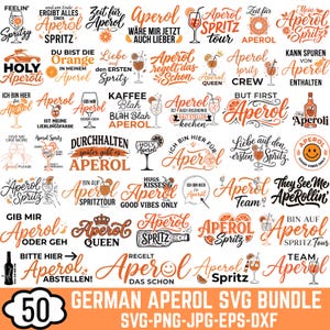 Könnte beinhalten: Eine Sammlung von 50 digitalen Grafikdesigns mit dem Wort Aperol in orangefarbener und schwarzer Typografie, begleitet von Illustrationen von Cocktailgläsern, Orangenscheiben und verschiedenen deutschen Sprüchen rund um das Getränk Aperol Spritz.