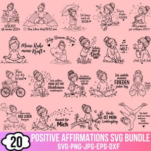 Puede incluir: Una colección digital de 20 ilustraciones de línea negra sobre un fondo rosa, que muestra a niñas en diversas actividades con frases en alemán. Los diseños incluyen temas como lectura, baile bajo la lluvia, yoga, ciclismo y naturaleza.