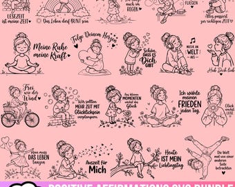 Könnte beinhalten: Eine digitale Sammlung von 20 schwarzen Strichzeichnungen auf rosa Hintergrund, die Mädchen bei verschiedenen Aktivitäten mit deutschen Textphrasen zeigen. Die Motive umfassen Themen wie Lesen, Tanzen im Regen, Yoga, Radfahren und Natur.
