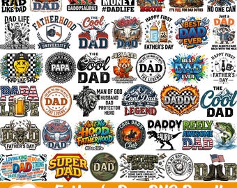 Könnte beinhalten: Eine Sammlung von 50 PNG-Designs zum Vatertag. Die Designs zeigen verschiedene Grafiken und Textelemente, darunter Sätze wie "Cool Dad", "Best Dad Ever" und "Super Dad". Die Farbpalette umfasst Rot, Blau und Schwarz.