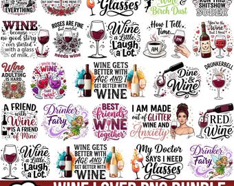 Könnte beinhalten: Eine digitale Sammlung von 20 weinbezogenen Grafikdesigns mit verschiedenen Illustrationen von Weinflaschen, Gläsern und skurrilen Figuren. Die Grafiken enthalten Typografie mit Sprüchen wie Wine is like duct tape, My Doctor says I need glasses und Wine gets better with age, gestaltet in verschiedenen Schriftarten und bunten Stilen.