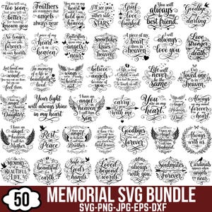 May include: A collection of 50 black and white digital designs featuring memorial quotes and calligraphy. Each graphic includes decorative flourishes, wings, hearts, or birds, with phrases like You left us too soon, In memory of a beautiful life, and Always with us.