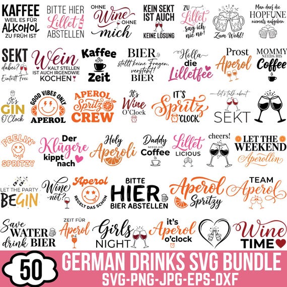 German Drinks Plotter File Svg Bundle, German Svg, German Wine Sayings Svg, Wine o clock, German Aperol Svg, Coffee Svg, Cricut & Silhouette