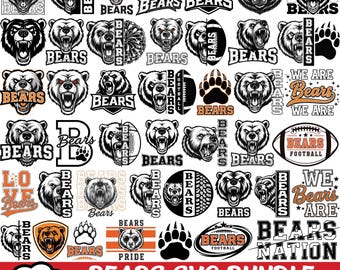 Könnte beinhalten: Eine Sammlung von 50 schwarz-weiß-orangen Grafikdesigns mit Bärenköpfen, Pfotenabdrücken und Football-Motiven sowie dem Text Bears, Bears Nation und We Are Bears. Diese digitalen Illustrationen umfassen verschiedene Logos und Embleme.