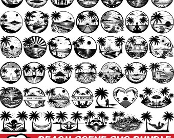 Könnte beinhalten: Eine Sammlung von 50 schwarz-weißen kreisförmigen Illustrationen mit Strandszenen, Palmen, Sonnenuntergängen, Meereswellen, Hängematten und tropischen Landschaften. Einige Designs enthalten den Platzhaltertext YOUR TEXT HERE und eine Meeresschildkröte.