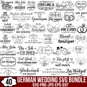 Może przedstawiać: Kolekcja 40 czarno-białych wzorów cyfrowych z niemieckimi frazami ślubnymi, takimi jak 'Alles Liebe zur Hochzeit', 'Mr & Mrs' i 'Für immer', wraz z ilustracjami pierścionków, serc i ptaków.