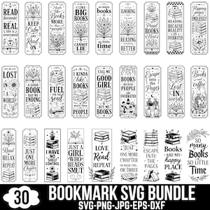 May include: A collection of thirty vertical rectangular bookmarks featuring black and white illustrations of books, flowers, and skeletons, each containing unique typography with phrases about reading, books, and literary themes in a decorative style.
