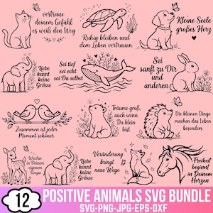 Puede incluir: Un conjunto gráfico digital que presenta doce ilustraciones de líneas negras de animales, incluyendo un gato, tortuga, cachorro, elefante, ballena, conejo, pájaros, oso, erizo, ciervo, zorro y caballo sobre un fondo rosa claro con texto en alemán.