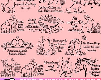 Könnte beinhalten: Ein digitales Grafikset mit zwölf schwarzen Strichzeichnungen von Tieren, darunter eine Katze, Schildkröte, Welpe, Elefant, Wal, Hase, Vögel, Bär, Igel, Reh, Fuchs und Pferd auf einem hellrosa Hintergrund mit verschiedenen deutschen Texten.