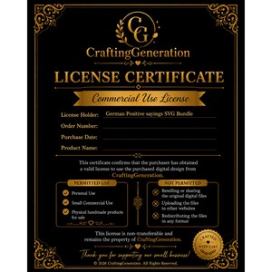 May include: A black and gold commercial use license certificate from CraftingGeneration. The document features ornate borders, the text 'LICENSE CERTIFICATE', 'Commercial Use License', and sections for license holder, order number, date, and product name.