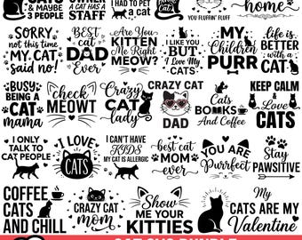 Könnte beinhalten: Eine Sammlung von 30 schwarz-weißen digitalen Grafikdesigns mit Katzensilhouetten, Pfotenabdrücken und humorvollen Textphrasen über Katzen, Kaffee und Katzenhaltung, die in einem Rasterformat für verschiedene Dateitypen angeordnet sind.